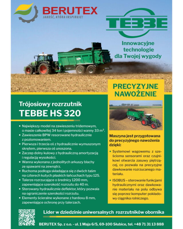 Plakat przedstawiający kluczowe zalety rozrzutnika TEBBE HS 320: pojemność wanny 33 m³, masa całkowita 34 tony, zaawansowane zawieszenie tridemowe BPW, hydraulicznie wymuszony skręt osi, zaczep dolny kulowy z amortyzacją, ruchoma podłoga na kutych łańcuchach, talerze rozrzucające o średnicy 1200 mm, szerokość rozrzutu do 40 m, elementy ścieralne z 8 mm hardoxu, precyzyjny system wagowy z sześcioma sensorami oraz pełna integracja z systemem ISOBUS do sterowania funkcjami z kabiny ciągnika. Plakat utrzymany w kolorach firmowych TEBBE z wyraźnym logo producenta.